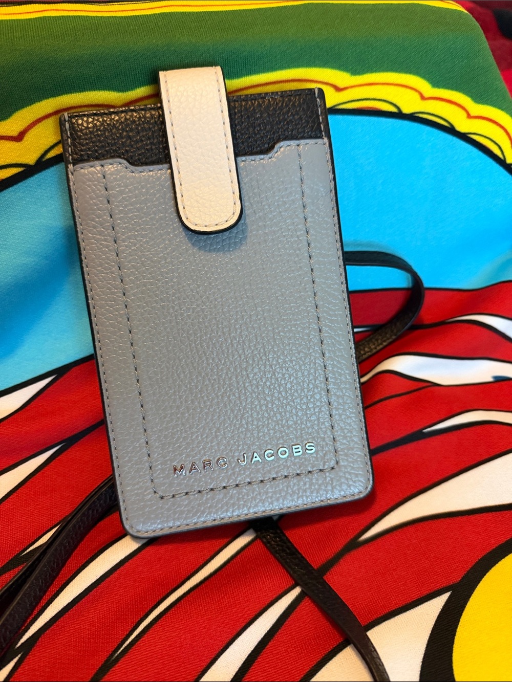 Marc Jacobs Blue Gray Black & Cream Leather Phone Crossbody Card Holder